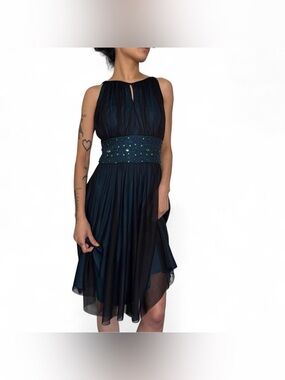 Vintage Blue & Black Chiffon Formal Midi Dress W Beaded Waist by Jessica Howard